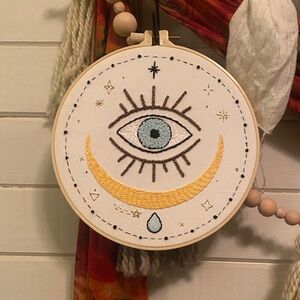 Mystical Handmade Eye Embroidery Wall Art - White and Gold
